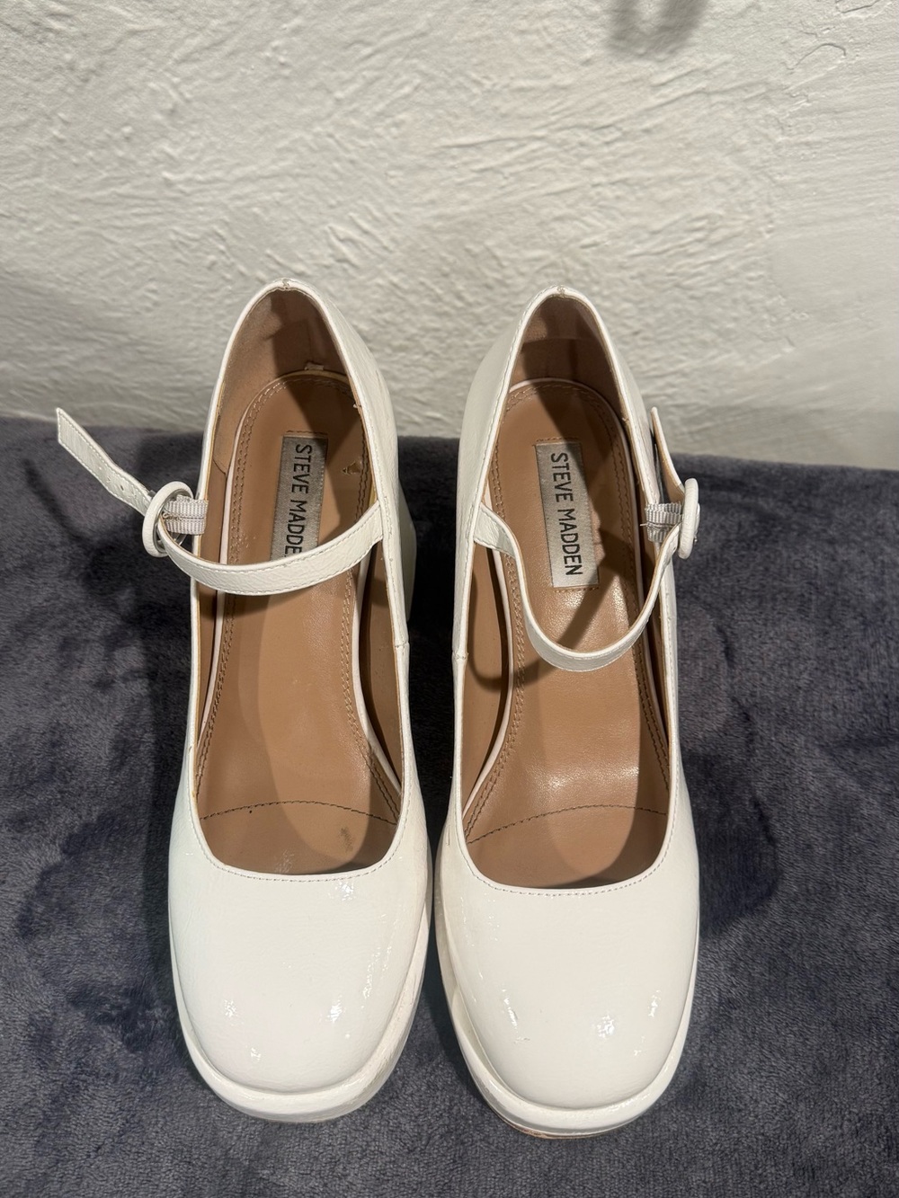 Steve Madden White Patent Mary Jane Pumps with Ankle Strap